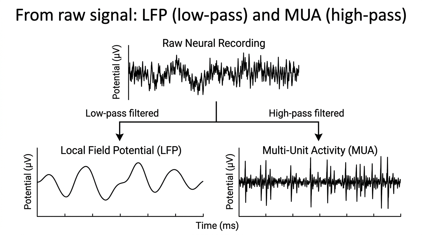 The raw recording is split into the LFP (low-pass) and the MUA (high-pass / band-pass).
