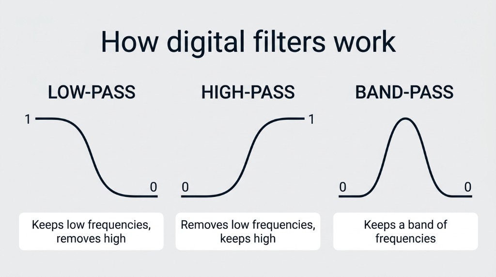 Low-pass, high-pass and band-pass filters.