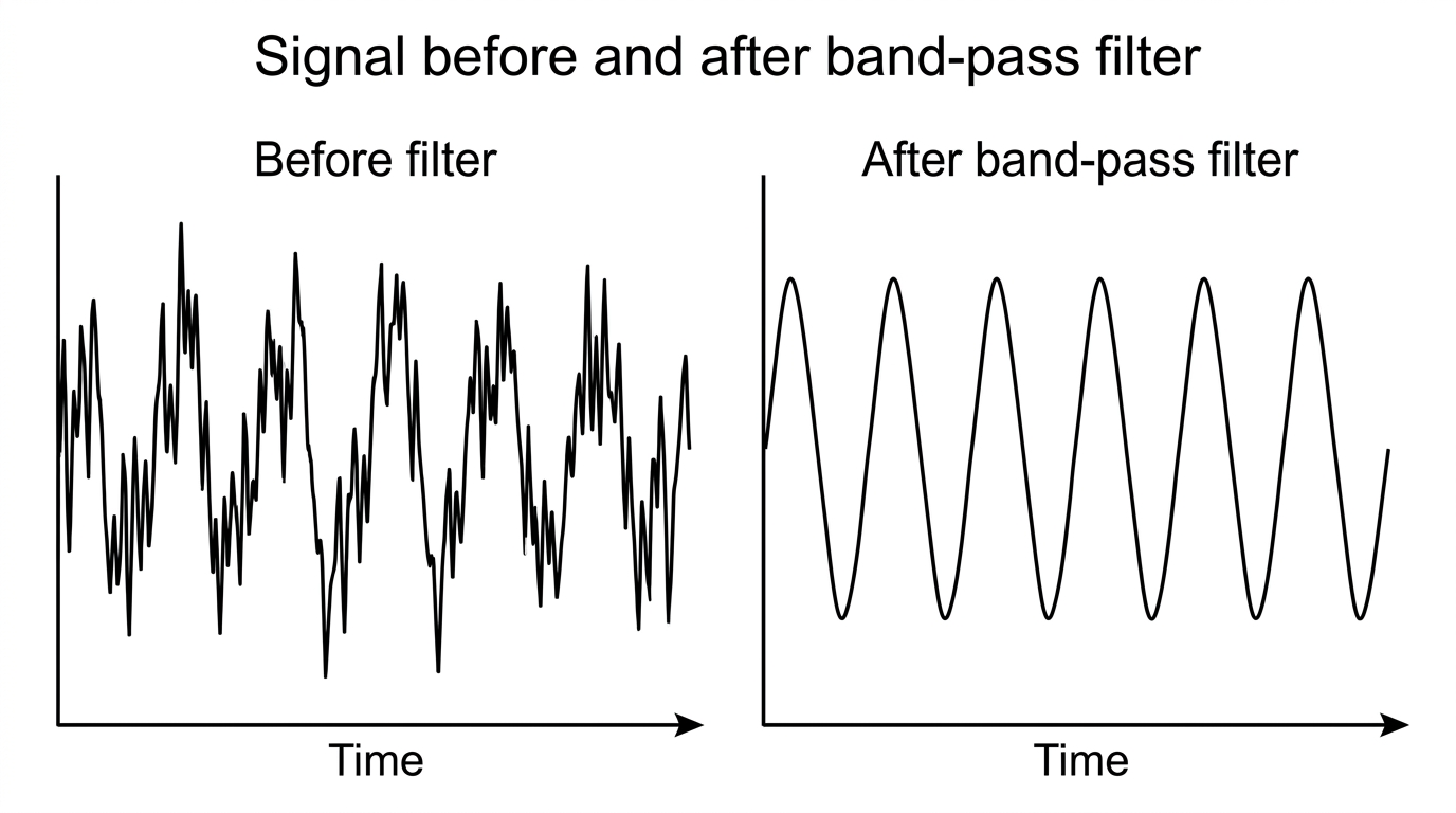 A noisy signal before and after a band-pass filter.