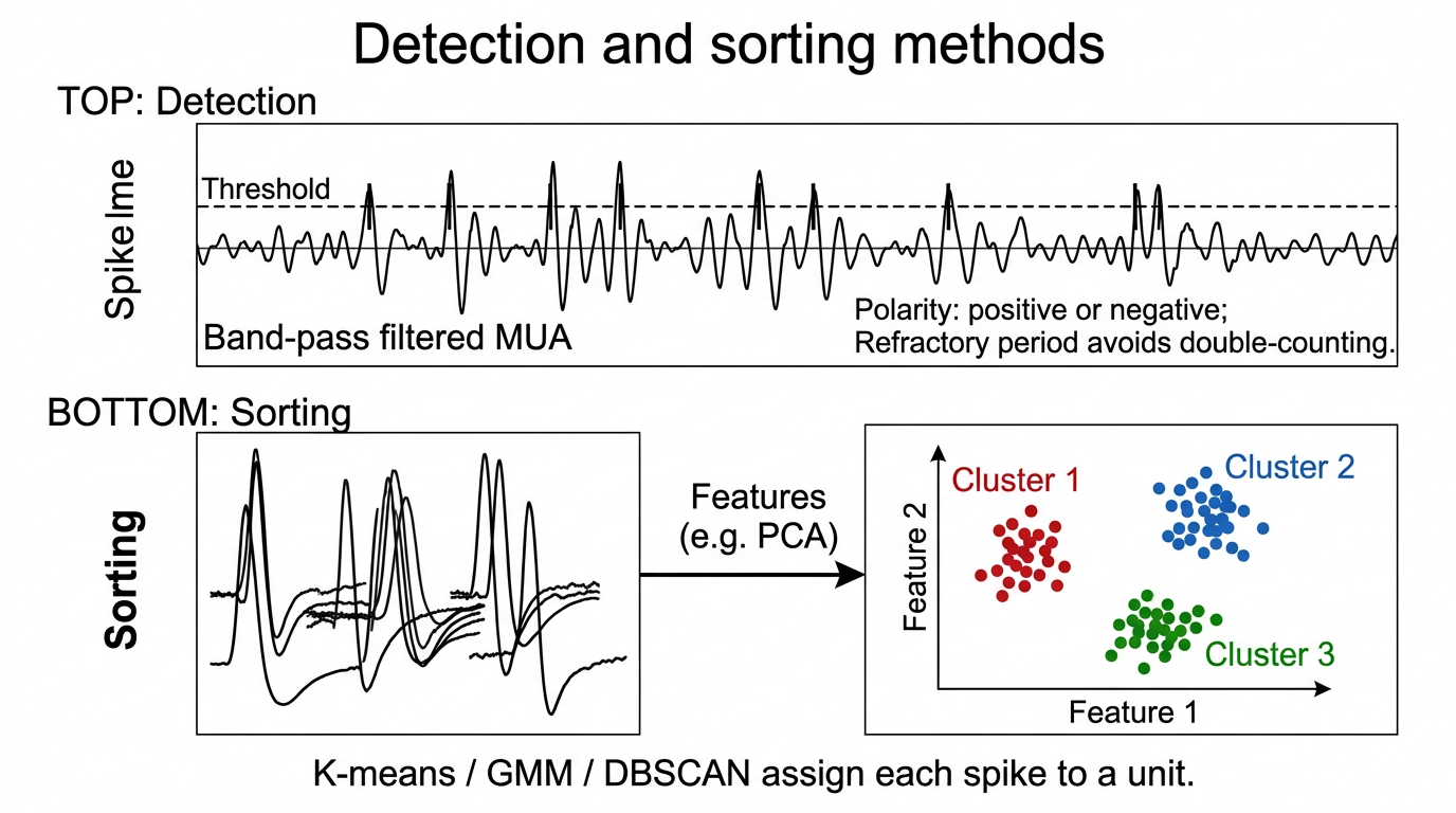 Detection by threshold crossing (top) and sorting in feature space (bottom).