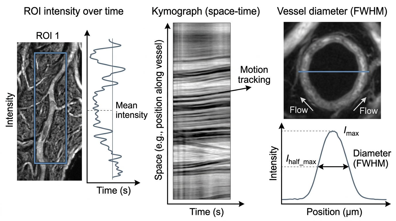 ROI intensity over time, a kymograph and the vessel diameter at half maximum.