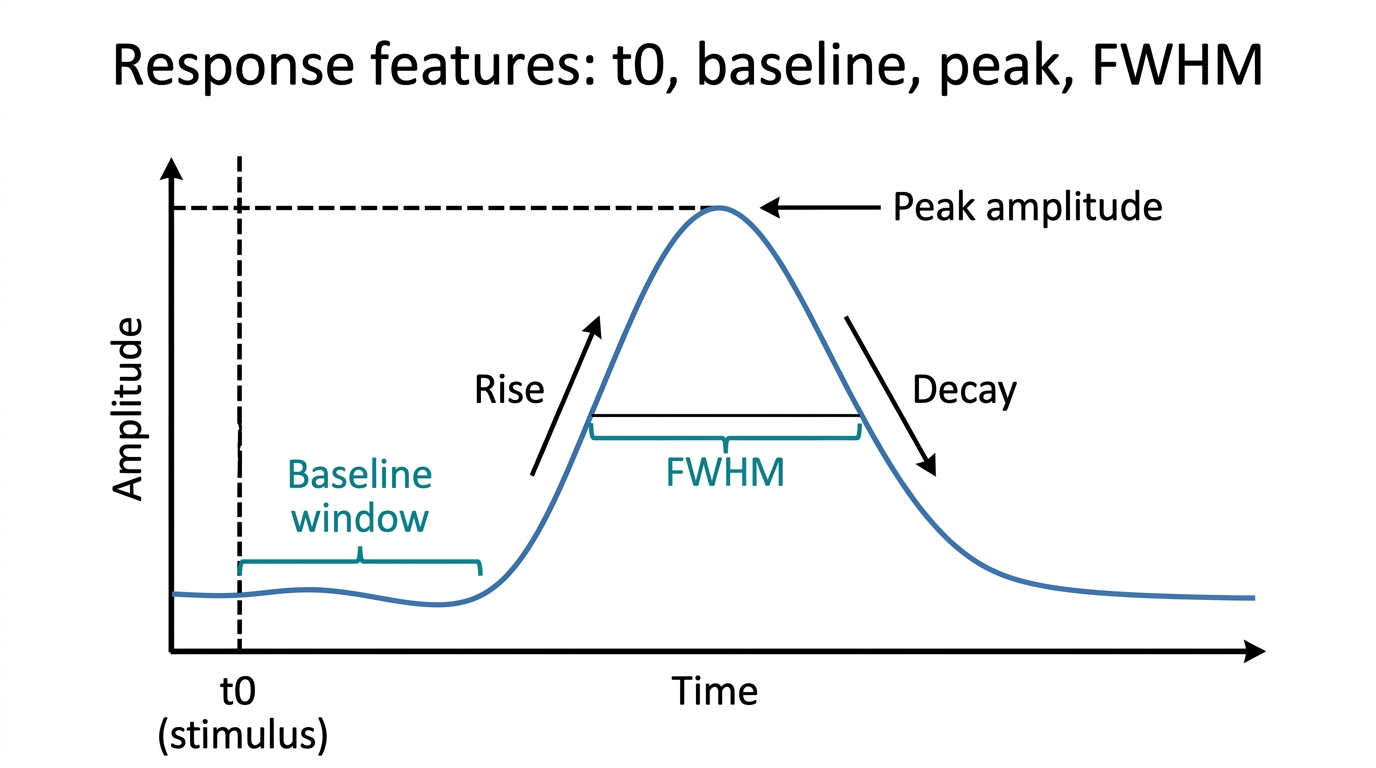 Onset t0, baseline window, peak amplitude, FWHM, rise and decay.